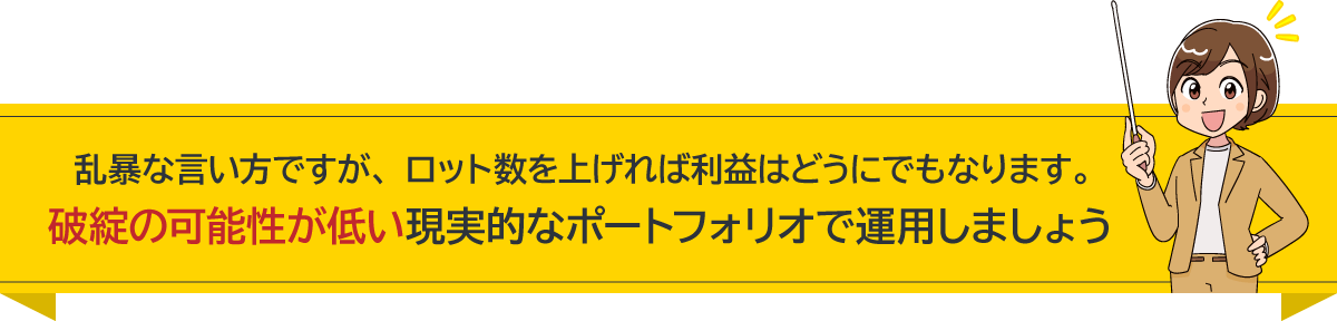 乱暴な言い方ですが、ロット数を上げれば利益はどうにでもなります。破綻の可能性が低い現実的なポートフォリオで運用しましょう 